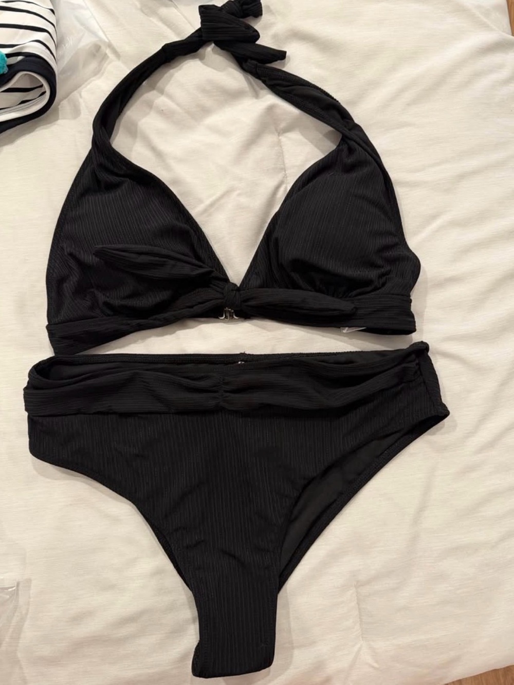 Black Ribbed Halter Bikini Set - Women Swim